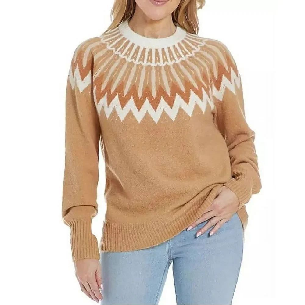 New French Connection Essentials Fair Isle Camel and Ivory Patterned Sweater